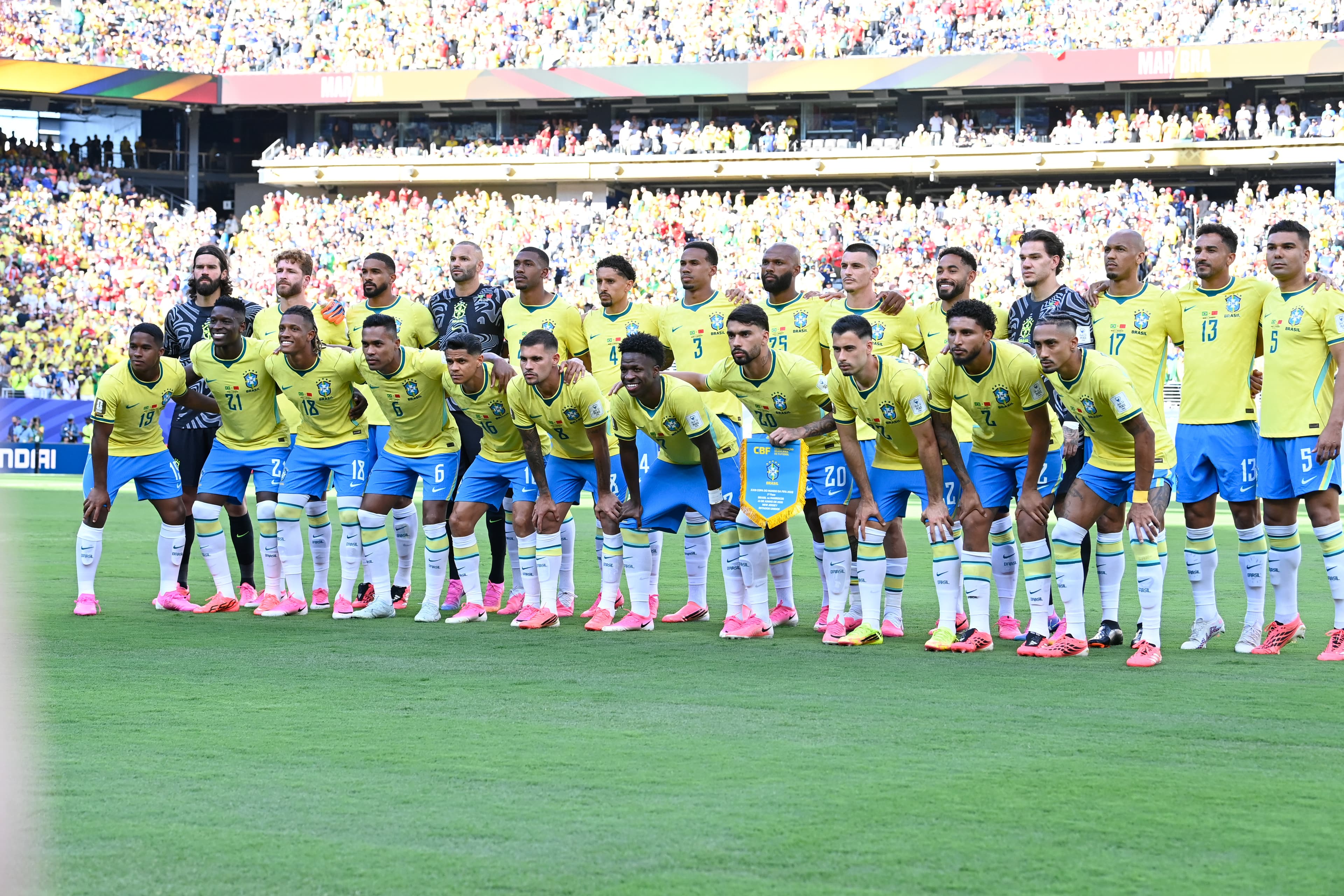 Brazil players pose before a 2026 FIFA World Cup Group C match